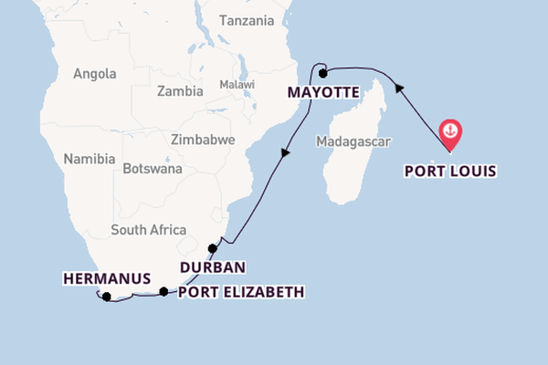 Zuid-Afrika vanaf Port Louis, Mauritius met de HANSEATIC spirit