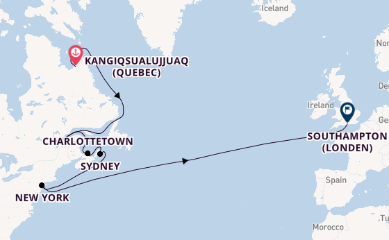 trans-Atlantisch vanaf Kangiqsualujjuaq (Quebec), Canada met de Queen Mary 2