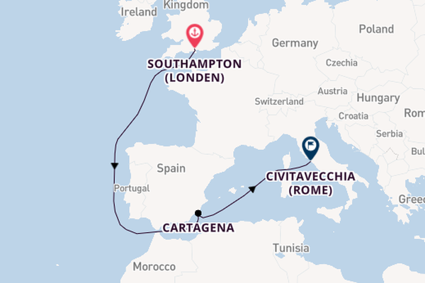 Westelijke Middellandse Zee vanaf Southampton (Londen), Engeland met de Queen Anne