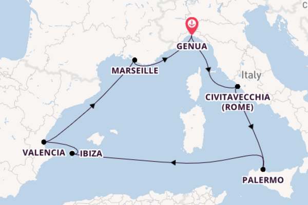 Westelijke Middellandse Zee vanaf Genua, Italië met de MSC Seaview