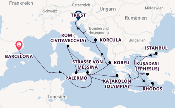 Mittelmeer ab Barcelona, Spanien auf der Queen Elizabeth