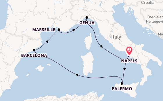 Westelijke Middellandse Zee vanaf Napels, Italië met de MSC Seashore