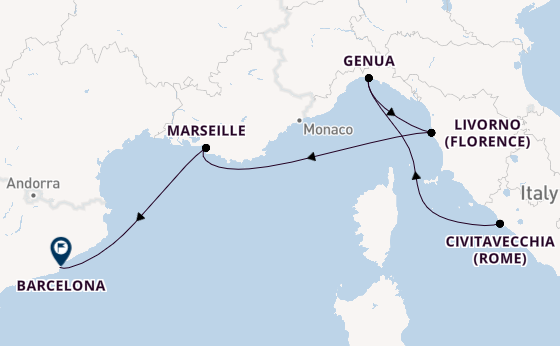 Westelijke Middellandse Zee vanaf Civitavecchia (Rome), Italië met de MSC Opera