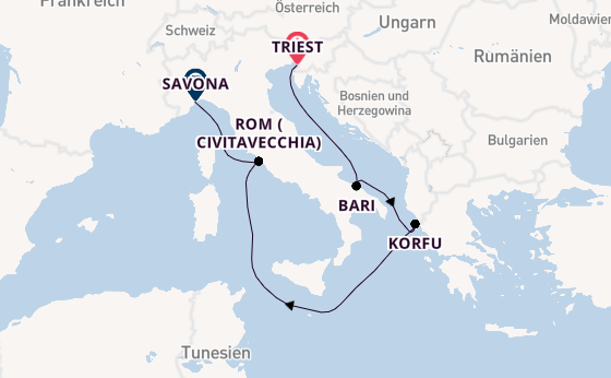 Westliches Mittelmeer ab Triest, Italien auf der Costa Deliziosa