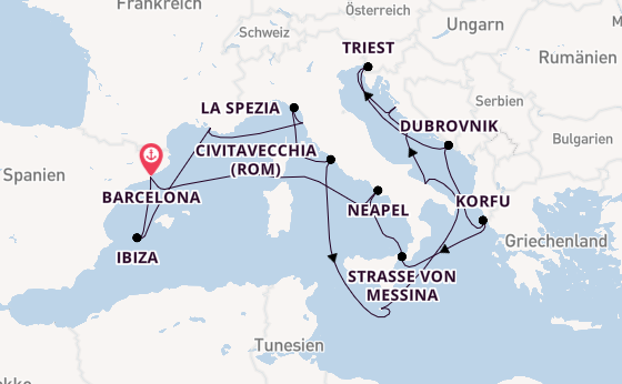 Westliches Mittelmeer ab Barcelona, Spanien auf der Queen Elizabeth