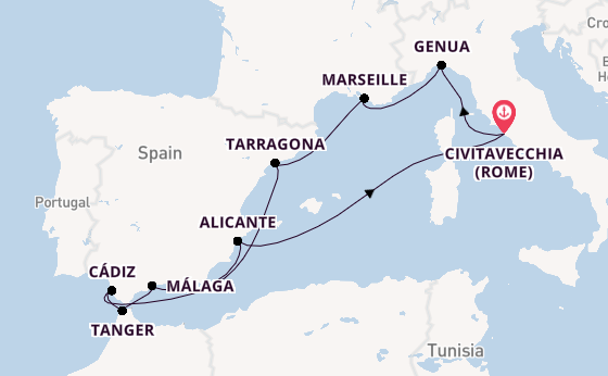 Westelijke Middellandse Zee vanaf Civitavecchia (Rome), Italië met de MSC Magnifica