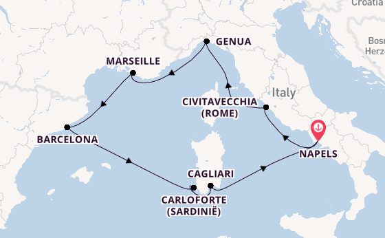 Westelijke Middellandse Zee vanaf Napels, Italië met de Costa Smeralda
