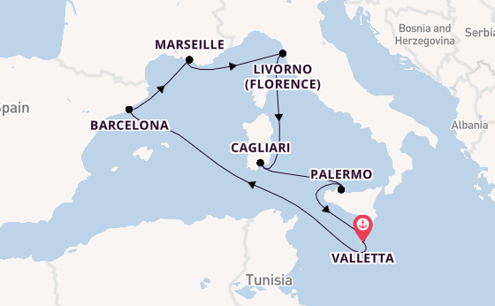 Western Mediterranean from Valletta, Malta with the MSC Splendida