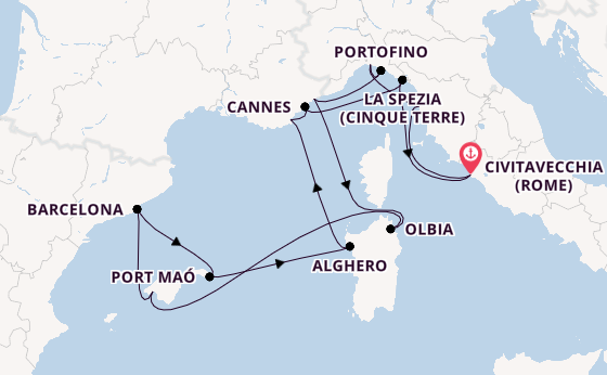 Westelijke Middellandse Zee vanaf Civitavecchia (Rome), Italië met de EXPLORA I