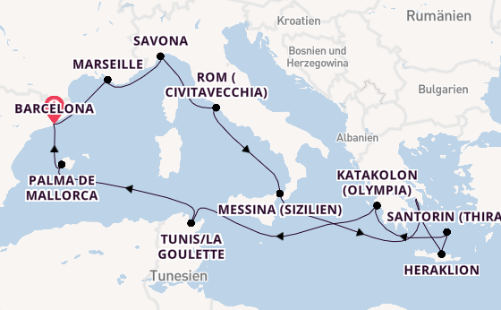 Mittelmeer ab Barcelona, Spanien auf der Costa Favolosa
