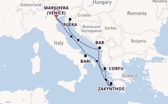 Middellandse Zee vanaf Marghera (Venice) met de Costa Deliziosa