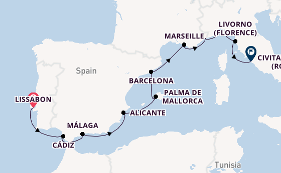 Westelijke Middellandse Zee vanaf Lissabon, Portugal met de Nautica