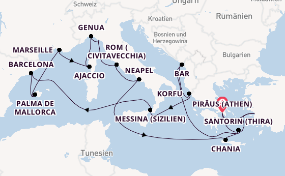 Mittelmeer ab Piräus (Athen), Griechenland auf der Sun Princess