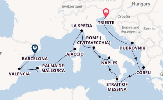 Western Mediterranean from Trieste, Italy with the Queen Elizabeth