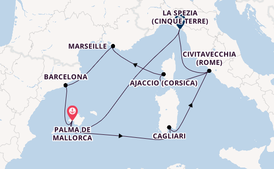 Westelijke Middellandse Zee vanaf Palma de Mallorca, Mallorca, Spanje met AIDAcosma