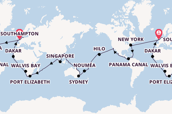Round-the-World Trip from Southampton, England with the Queen Victoria