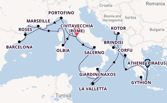 Middellandse Zee vanaf Civitavecchia (Rome), Italië met de Seabourn Ovation