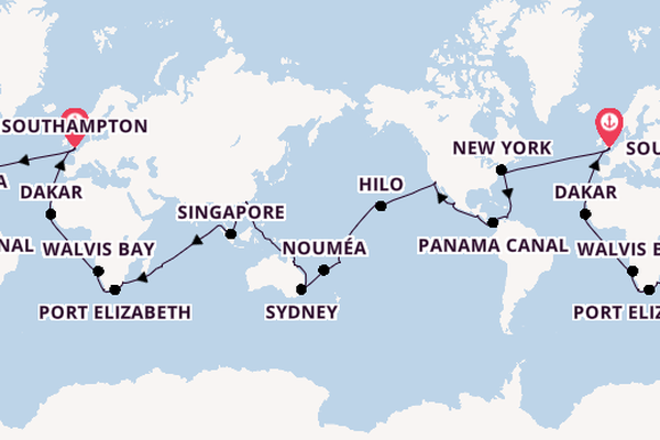 Round-the-World Trip from Southampton, England with the Queen Victoria