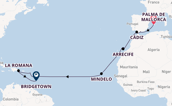 Caribbean vanaf Palma de Mallorca, Mallorca, Spanje met de Mein Schiff 4