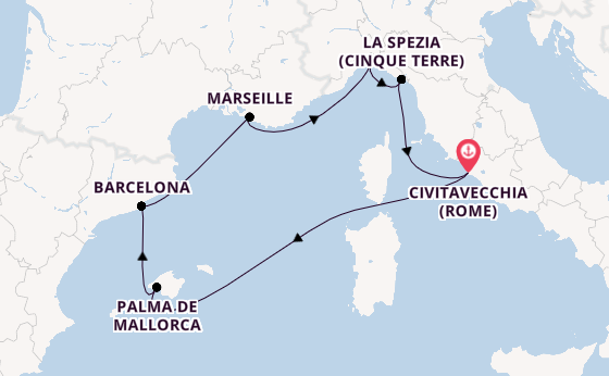 Westelijke Middellandse Zee vanaf Civitavecchia (Rome), Italië met de MSC Grandiosa