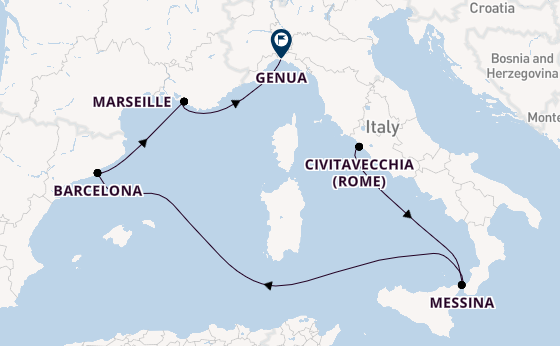 Westelijke Middellandse Zee vanaf Civitavecchia (Rome), Italië met de MSC World Europa