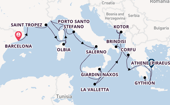 Middellandse Zee vanaf Barcelona, Spanje met de Seabourn Ovation