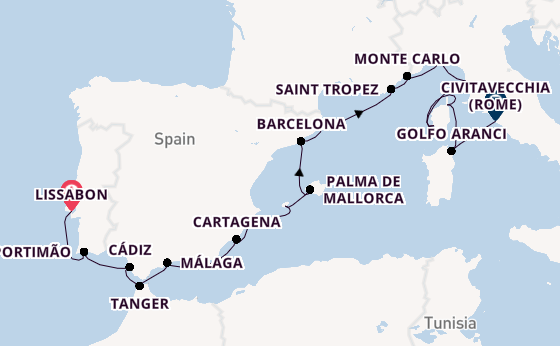 Westelijke Middellandse Zee vanaf Lissabon, Portugal met de Seven Seas Mariner