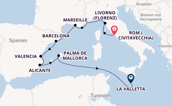 Westliches Mittelmeer ab Civitavecchia (Rom), Italien auf der Sirena