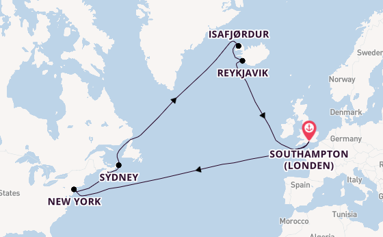 trans-Atlantisch vanaf Southampton (Londen), Engeland met de Queen Mary 2