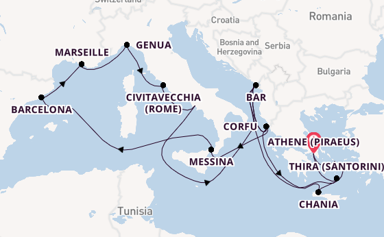 Middellandse Zee vanaf Athene (Piraeus), Griekenland met de Sun Princess