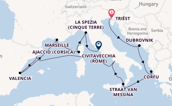 Westelijke Middellandse Zee vanaf Triëst, Italië met de Queen Elizabeth