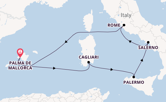 Westelijke Middellandse Zee vanaf Palma de Mallorca, Mallorca, Spanje met de Mein Schiff 7