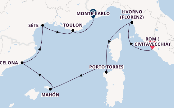 Westliches Mittelmeer ab Civitavecchia (Rom), Italien auf der Sirena