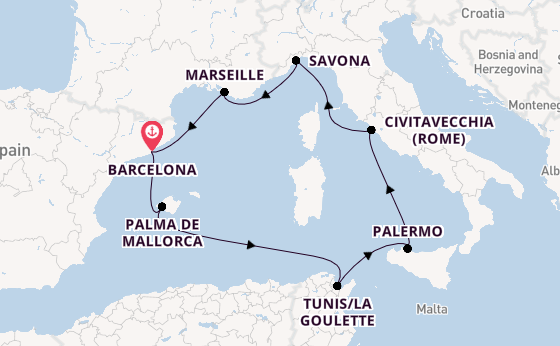 Westelijke Middellandse Zee vanaf Barcelona, Spanje met de Costa Toscana
