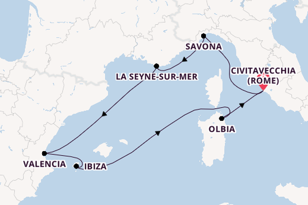 Westelijke Middellandse Zee vanaf Civitavecchia (Rome), Italië met de Costa Pacifica