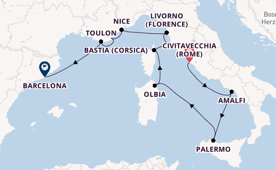 Westelijke Middellandse Zee vanaf Civitavecchia (Rome), Italië met de Nautica