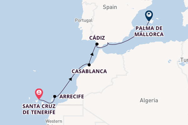 Westelijke Middellandse Zee vanaf Santa Cruz de Tenerife, Tenerife, Spanje met AIDAblu