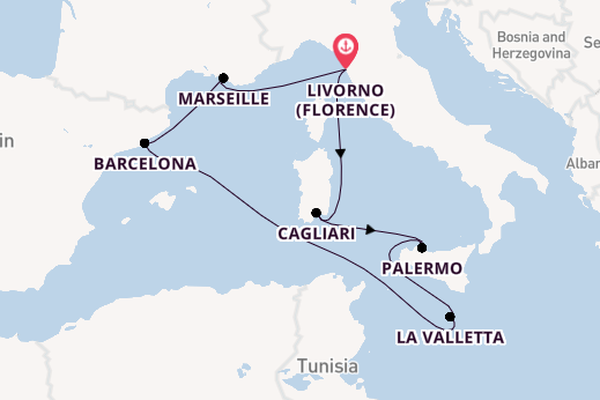 Westelijke Middellandse Zee vanaf Livorno (Florence), Italië met de MSC Splendida