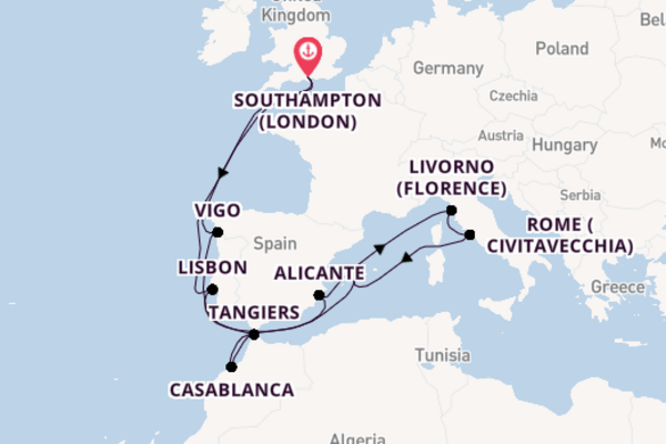 Western Mediterranean from Southampton (London), England, United Kingdom with the Arcadia