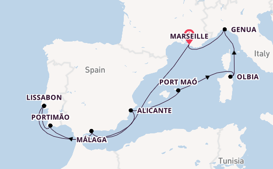 Westelijke Middellandse Zee vanaf Marseille, Frankrijk met de MSC Sinfonia