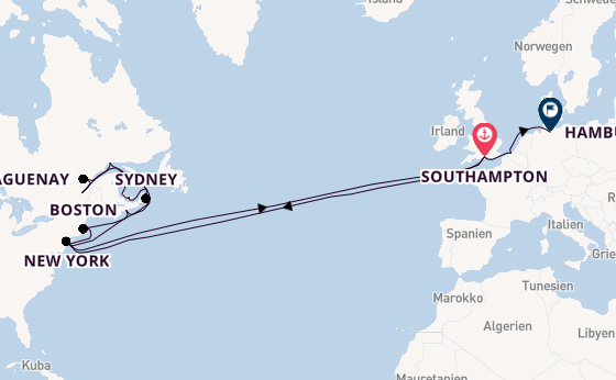 Transatlantik ab Southampton, Großbritannien auf der Queen Mary 2