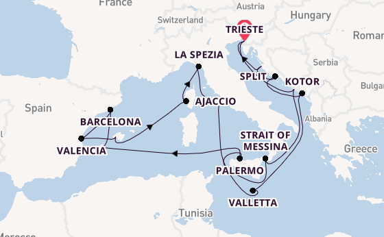 Western Mediterranean from Trieste, Italy with the Queen Elizabeth