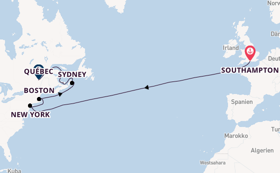 Transatlantik ab Southampton, Großbritannien auf der Queen Mary 2