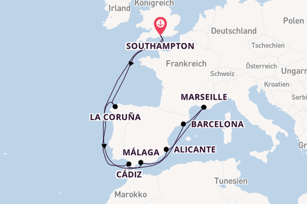 Westliches Mittelmeer ab Southampton, Großbritannien auf der Arvia