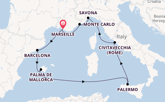 Westelijke Middellandse Zee vanaf Marseille, Frankrijk met de Costa Toscana