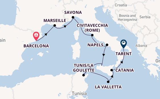 Westelijke Middellandse Zee vanaf Barcelona, Spanje met de Costa Fascinosa