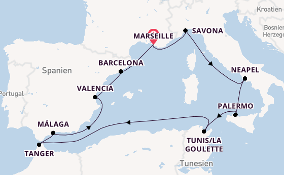 Westliches Mittelmeer ab Marseille, Frankreich auf der Costa Pacifica