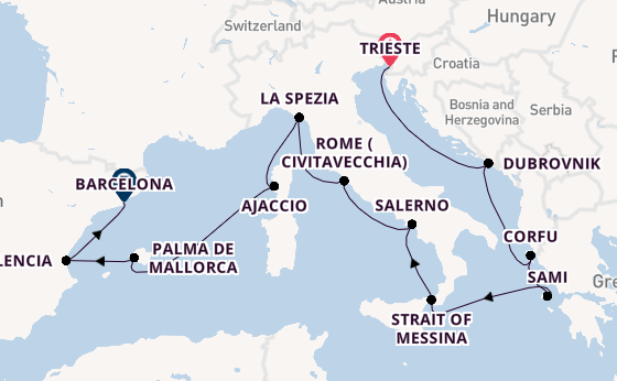 Western Mediterranean from Trieste, Italy with the Queen Elizabeth