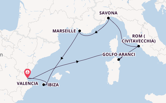 Westliches Mittelmeer ab Valencia, Spanien auf der Costa Pacifica