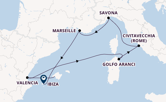 Westelijke Middellandse Zee vanaf Palma de Mallorca, Mallorca, Spanje met de Costa Pacifica